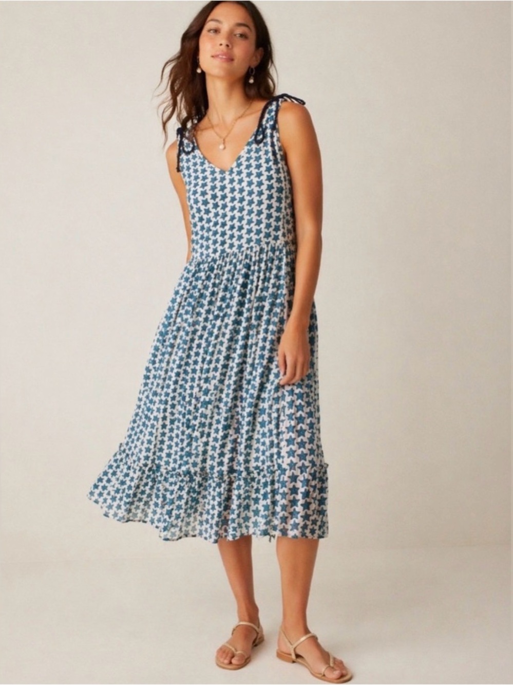 Blue and White Boho Cottagecore Pink Chicken Star Print Midi Dress